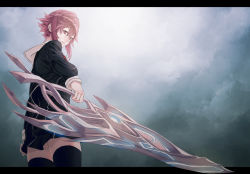 1girl black_legwear chaos;child closed_mouth cloud cloudy_sky day dusk female_focus holding holding_sword holding_weapon letterboxed mstm onoe_serika pink_eyes pink_hair school_uniform short_hair_with_long_locks sidelocks sky solo sword weapon