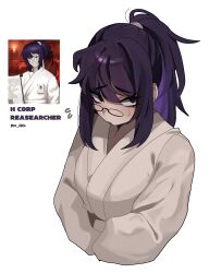 1girl absurdres chinese_clothes glasses h_corp_reasearcher_(project_moon) hanfu highres lab_coat limbus_company long_hair looking_at_viewer looking_to_the_side ny_000a open_mouth ponytail project_moon purple_eyes purple_hair simple_background solo sweat upper_body white_background white_hanfu