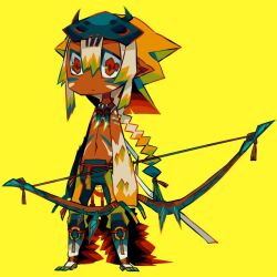 1boy animal_feet animal_hands blonde_hair bodypaint bow_(weapon) braid chaps chibi claws dark-skinned_male dark_skin dreamcatcher edarow full_body holding holding_bow_(weapon) holding_weapon long_hair looking_at_viewer male_focus native_american orange_eyes original pants pointy_ears simple_background solo standing topless_male twin_braids very_long_hair weapon yellow_background yellow_pants