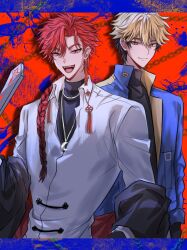 2boys :d black_hair black_jacket black_shirt blonde_hair blue_jacket braid braided_ponytail chinese_clothes chinese_knot closed_mouth clothes_down collared_shirt earrings folded_fan folding_fan hair_between_eyes hair_over_shoulder hand_fan highres holding holding_fan jacket jacket_partially_removed jewelry long_hair long_sleeves looking_at_viewer male_focus multicolored_hair multiple_boys necklace open_clothes open_jacket open_mouth red_background red_eyes red_hair shiguang_dailiren shirt short_hair single_braid single_earring smile tassel tassel_earrings teeth tongue turtleneck upper_body upper_teeth_only white_shirt xia_fei xiao_weiying yellow_eyes yuxianchen