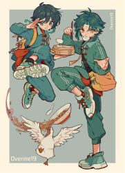 2boys alternate_costume aqua_hair bird black_hair braid duck full_body genshin_impact green_eyes green_hair grin jumping male_focus mouth_hold multicolored_hair multiple_boys overine19 smile standing standing_on_one_leg teeth two-tone_hair venti_(genshin_impact) xiao_(genshin_impact) yellow_eyes