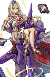 1girl blonde_hair blue_eyes braid breasts crown dress flower gundam gundam_gquuuuuux hair_between_eyes half_up_braid jewelry kantai_collection large_breasts long_hair long_sleeves looking_at_viewer mecha mini_crown necklace red_flower red_rose robot rose sitting smile tonke very_long_hair warspite_(kancolle) white_dress