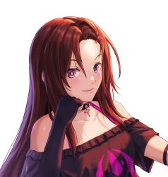 1girl absurdres bare_shoulders bra breasts brown_hair choker commission commissioner_upload digital_hazard dusk_(wayanfa) elbow_gloves emblem fingerless_gloves frills gloves hair_ornament highres jewelry light_smile long_hair looking_at_viewer non-web_source original pendant phi-md pink_eyes sigil small_breasts smug transparent_background underwear upper_body
