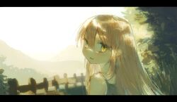 1girl :d absurdres bare_shoulders brown_hair bush camisole dappled_sunlight day double-parted_bangs fence from_behind grey_camisole hair_between_eyes hair_over_shoulder highres letterboxed long_hair looking_at_viewer looking_back mountainous_horizon open_mouth original outdoors portrait sippudayo sky smile solo straight_hair sunlight white_sky wooden_fence yellow_eyes