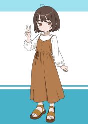 1girl brown_eyes brown_hair commentary_request dress erno_ro expressionless full_body highres jitome long_dress long_sleeves original pinafore_dress sandals short_hair sleeveless sleeveless_dress solo v