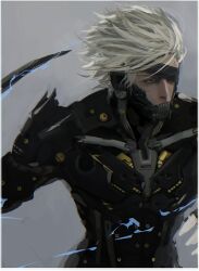 Rule 34 | 1boy, blindfold, chin guard, commentary, cyborg, d.k, electricity, floating hair, katana, looking ahead, male focus, mechabare, metal gear (series), metal gear rising: revengeance, one eye covered, raiden (metal gear), short hair, shoulder pads, solo, sword, symbol-only commentary, upper body, weapon, white hair