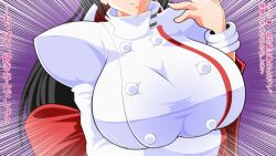 1girl black_hair breasts curvy dress female_focus huge_breasts japanese_text kagura_chizuru kaiman82 kaimanwanio large_breasts long_hair long_sleeves pale_skin smile the_king_of_fighters