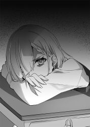 1girl braid commentary_request desk greyscale hair_over_one_eye looking_at_viewer monochrome novel_illustration official_art school_desk school_uniform second-party_source shirt sitting solo tomari_(veryberry00) tomodachi_no_imouto_ga_ore_ni_dake_uzai tsukinomori_mashiro