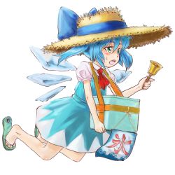 Rule 34 | 1girl, alternate hairstyle, ascot, barefoot, bell, blue dress, blue eyes, blue hair, bow, box, cirno, dress, female focus, flying, full body, hair bow, hat, ice, matching hair/eyes, note-takahashi, sandals, short hair, solo, straw hat, sun hat, sweat, takahashi note, touhou, transparent background, twintails, wings