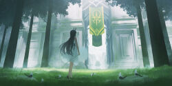 1girl absurdres animal_ears banner bird black_hair building dress grass highres long_hair original rabbit_ears rabbit_girl scenery solo standing tree white_dress yao_ren_gui