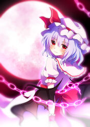 Rule 34 | 1girl, absurdres, bat wings, blue hair, blush, capelet, chain, closed mouth, dress, from behind, hair between eyes, hat, highres, looking at viewer, looking back, medium hair, mob cap, moon, nanakusagayu (7 kusagayu), red eyes, red moon, red ribbon, remilia scarlet, ribbon, short sleeves, smile, solo, touhou, vampire, white capelet, white dress, wings, wrist cuffs
