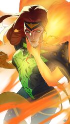 Rule 34 | 2girls, absurdres, bodysuit, brown hair, fingernails, gloves, glowing, glowing eyes, hand on another&#039;s face, highres, hug, hug from behind, jean grey, marvel, marvel rivals, multiple girls, parted lips, phoenix (x-men), sharp fingernails, sheep shin, superhero costume, two-tone bodysuit, x-men, yellow gloves