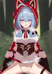 1boy 1girl :o absurdres ahoge animal_ears blue_hair captain_(honkai_impact) censored clothed_female_nude_male clothes_lift cowgirl_position cum cum_in_pussy dog_ears dress erection fake_animal_ears forest griseo griseo_(maroon_riding_hood) griseo_(starry_impression) hetero highres honkai_(series) honkai_impact_3rd lifting_own_clothes looking_at_viewer mosaic_censoring nature ng1sh8 no_panties nude open_mouth penis pov puffy_short_sleeves puffy_sleeves purple_eyes red_hood short_sleeves straddling textless_version thigh_strap tree white_dress