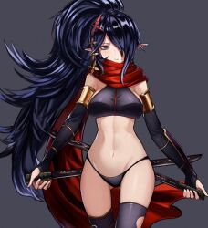1girl alternate_costume arm_guards armor armpits assassin black_gloves blue_eyes blue_hair breasts elbow_gloves expressionless fingerless_gloves gloves hair_ornament hair_over_one_eye holding holding_sword holding_weapon long_hair looking_at_viewer medium_breasts navel original pointy_ears red_scarf scarf shadow_dancer_(dungeon_and_fighter) shiny_skin shuriken sideboob solo sword thief_(dungeon_and_fighter) thighhighs torn_clothes underwear underwear_only very_long_hair weapon zipper