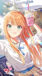 1girl absurdres blue_skirt cafe drink gakuen_idolmaster green_eyes highres idolmaster jewelry long_hair necklace official_art orange_hair school_uniform shirt shiun_sumika skirt solo third-party_source white_shirt