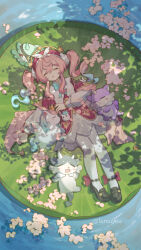 1girl absurdres character_request cherry_blossoms chimera_(honkai:_star_rail) chinese_commentary closed_eyes commentary_request creature day dress drill_hair flower from_above full_body fumuyou gradient_hair hat highres honkai:_star_rail honkai_(series) hyacine_(honkai:_star_rail) lily_pad little_ica_(honkai:_star_rail) long_hair lying multicolored_hair on_back open_mouth outdoors oversized_flower pantyhose pegasus petals pink_flower pink_hair pond red_dress red_hat sleeping tree_shade twintails two-tone_hair water white_pantyhose