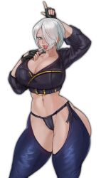 1girl angel_(kof) ass backless_pants blue_eyes bra breasts cameltoe chaps cleavage crop_top cropped_jacket darkair_ii fingerless_gloves gloves hair_over_one_eye highres horns_pose huge_ass index_fingers_raised jacket large_breasts leather leather_jacket midriff navel panties pants short_hair smile snk solo strapless strapless_bra the_king_of_fighters the_king_of_fighters_xiv toned toned_female underwear white_hair wide_hips
