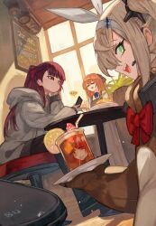 3girls absurdres alternate_costume animal_costume aqua_eyes black_footwear black_pantyhose blonde_hair brown_hair cellphone chalkboard character_request closed_mouth commentary dot_mouth drink drinking_straw english_commentary english_text food fruit girls&#039;_frontline girls&#039;_frontline_2:_exilium grey_jacket hair_ribbon hairband highres holding holding_phone hood hooded_jacket indoors jacket lemon lemon_slice long_hair looking_at_viewer makiatto_(girls&#039;_frontline_2) multiple_girls open_mouth pantyhose phone purple_hair red_eyes red_ribbon reflection ribbon sharkry_(girls&#039;_frontline_2) shoes sitting smartphone smile springfield_(girls&#039;_frontline) stool table tray trustyskittles upper_body wa2000_(girls&#039;_frontline) white_hairband
