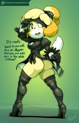 1girl 2b_(nier:automata) 2b_(nier:automata)_(cosplay) alternate_costume animal_crossing animal_ears argento arm_up artist_name ass black_boots black_eyes black_gloves black_ribbon black_thighhighs blindfold blonde_hair blush blush_stickers boots breasts cameltoe cleavage cleavage_cutout clothing_cutout cosplay dog_ears dog_tail dress english_text fang feather_trim female_focus from_behind full_body furry furry_female gloves green_background hair_ribbon high_heel_boots high_heels highres isabelle_(animal_crossing) juliet_sleeves legs_apart leotard lips logo long_sleeves looking_back looking_to_the_side medium_breasts nier:automata nier_(series) nintendo open_mouth panties patreon patreon_username puffy_sleeves ribbon short_dress short_hair signature simple_background skindentation solo standing tail talking teeth text_focus thigh_boots thighhighs thighhighs_under_boots thong turtleneck underwear watermark web_address white_panties