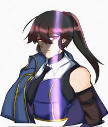Rule 34 | 1girl, assault lily, bare shoulders, black hair, black necktie, black shirt, blue cloak, blue shirt, bright pupils, cloak, collared shirt, commentary request, cropped arms, cropped torso, detached sleeves, grey background, hair between eyes, high ponytail, highres, kurokuazu, long hair, long sleeves, looking at viewer, nagasawa yuki (assault lily), necktie, odaiba girls high school uniform, outside border, parted lips, partially shaded face, ponytail, red eyes, school uniform, shirt, simple background, sleeveless, sleeveless shirt, solo, two-tone shirt, undershirt, upper body, white pupils, white shirt