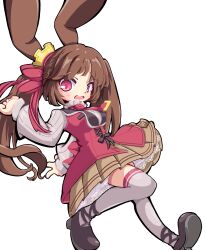 1girl absurdres animal_ears black_boots boots breasts brown_skirt cinamon_alma crown emil_chronicle_online frolyflow2 hair_ribbon highres jacket large_breasts long_hair open_mouth purple_eyes rabbit_ears rabbit_girl red_jacket red_ribbon ribbon skirt thighhighs twintails white_background