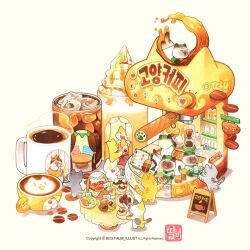 Rule 34 | 2023, ^ ^, animal, animal focus, artist name, black eyes, cafe, cake, calico (pattern), cat, closed eyes, clothed animal, coffee, coffee beans, coffee grinder, commentary request, cookie, cup, disposable cup, food, food focus, garland (decoration), glass, green headwear, green wrist cuffs, heart-shaped mouth, holding, holding knife, holding plate, holding tray, iced coffee, knife, korean commentary, long sleeves, lying, menu, menu board, mug, no humans, on stomach, open mouth, original, pillow, plate, shirt, siamese cat, simple background, sitting, sleeping, solid oval eyes, steam, table, talbi, teacup, tray, uniform, watermark, white background, white shirt, white sleeves, wrist cuffs
