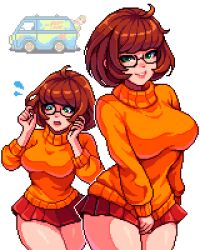 1boy 1girl ahoge aseprite_(medium) breasts brown_hair cowboy_shot curvy freckles glasses green_eyes highres large_breasts long_sleeves looking_at_viewer miniskirt motor_vehicle multiple_views mystery_machine open_mouth orange_sweater parted_lips pixel_art red_skirt scooby-doo shaggy_rogers short_hair simple_background skirt smile sweater thick_thighs thighs van velma_dinkley white_background wide_hips yumykon
