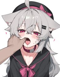 1girl ahoge animal_ear_fluff animal_ears bandaid bandaid_on_cheek bandaid_on_face black_hat black_sailor_collar black_shirt collar crossed_bangs fenrir_(fenriluuu) finger_in_another&#039;s_mouth grey_hair hair_ornament hairclip hat highres long_hair looking_at_viewer open_mouth original pink_collar pov pov_hands red_eyes rir-chan sailor_collar sailor_shirt saliva shirt simple_background solo_focus tongue tongue_out white_background wolf_ears wolf_girl