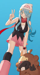 1girl :3 absurdres alternate_costume aqua_eyes asymmetrical_bangs asymmetrical_sidelocks bangle bare_shoulders beanie bidoof black_socks black_vest blue_hair blue_sky boots bracelet breasts brown_fur buck_teeth closed_mouth colored_tips commentary cosplay dawn_(pokemon) dawn_(pokemon)_(cosplay) day dot_nose elira_pendora english_commentary eyebrows_hidden_by_hair floating_scarf from_below gen_4_pokemon gold_bracelet green_eyes hair_ornament hair_over_one_eye hand_on_own_knee hand_up hat highres jewelry karassawa knee_boots kneehighs knees large_breasts layered_clothes leaning_forward legs_apart long_eyelashes long_hair long_legs looking_at_viewer looking_down miniskirt mole mole_on_shoulder multicolored_fur multicolored_hair nijisanji nijisanji_en nintendo outdoors parted_bangs pink_boots pokemon pokemon_(creature) pokemon_dppt print_hat raised_eyebrows red_nose red_scarf scarf shadow shirt skirt sky sleeveless sleeveless_shirt smile socks sunlight teeth thick_eyelashes thighs two-tone_hair v v-neck very_long_hair vest virtual_youtuber white_hair white_hat white_shirt