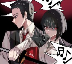 1boy 1girl black_background black_eyes black_hair black_jacket black_vest blunt_ends breasts closed_mouth collared_shirt commentary_request gradient_background hand_up highres holding holding_sword holding_weapon jacket katana lapels limbus_company long_sleeves looking_down medium_breasts meursault_(project_moon) mu46016419 musical_note necktie open_clothes open_jacket project_moon red_background red_eyes red_jacket red_necktie ryoshu_(project_moon) shaded_face shirt short_hair simple_background sword two-sided_fabric two-sided_jacket upper_body vest weapon white_shirt
