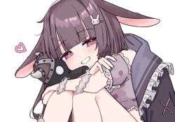 1girl animal_ears ankle_bracelets arms_on_knees blush braid close-up face_focus fallenshadow fallenshadow_(pajamas) flat_chest frilled_shirt frilled_wristband frills grin hair_ornament hairpin heart highres holding holding_stuffed_toy indie_virtual_youtuber jacket jacket_on_shoulders jewelry knees_up looking_at_viewer lop_rabbit_ears navel official_alternate_costume official_alternate_hairstyle on_floor pajamas pink_eyes pink_pajamas purple_hair rabbit_ears rabbit_hair_ornament ribbon shirt simple_background sitting smile stuffed_toy teeth toenails triple_ahoge twin_braids virtual_youtuber white_background x_hair_ornament