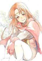 1girl blush breasts brown_eyes brown_hair cape circlet closed_mouth dress gensou_suikoden gensou_suikoden_i gloves headband long_hair looking_at_viewer natsuo_(hatohaco) odessa_silverberg simple_background smile solo