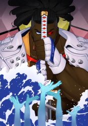 1boy artist_name black_hair blue_eyes dark-skinned_male dark_skin dreadlocks fingerless_gloves gloves glowing glowing_eye guilty_gear highres looking_at_viewer male_focus nagoriyuki pink_nails red_eyes sword ultineet water weapon white_gloves