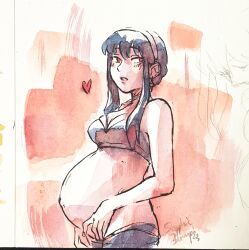 1girl black_hair blush bottomless bra breasts cleavage cowboy_shot earrings hair_over_shoulder hairband heart highres jewelry looking_at_viewer looking_to_the_side medium_breasts outie_navel painting_(medium) parted_lips pregnant red_eyes sapphicbump short_hair_with_long_locks sidelocks signature solo spy_x_family standing thighhighs traditional_media underwear watercolor_(medium) yor_briar