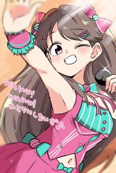1girl ;d absurdres alternate_costume arm_up armpits blush breasts collarbone commentary_request fujishima_megumi grin highres holding holding_microphone kanzaki_gou link!_like!_love_live! looking_at_viewer love_live! medium_breasts microphone navel one_eye_closed open_mouth outstretched_arm pink_shirt pink_skirt purple_eyes shirt skirt sleeveless sleeveless_shirt smile solo upper_body virtual_youtuber wawo!_(love_live!)