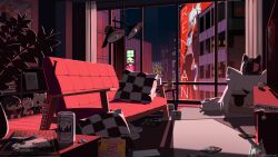 1girl ad animal_ear_fluff animal_ears blue_eyes can city coat couch crop_top flower highres long_hair magazine_(object) mikan_(renyan) night night_sky original peesh_san pillow ponytail sky star_(sky) stomach stuffed_toy television virtual_youtuber white_hair