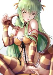1girl absurdres alice_in_wonderland babydoll bare_shoulders between_legs black_ribbon breasts budgiepon c.c. cat_girl cat_tail cheshire_cat_(alice_in_wonderland) cheshire_cat_(alice_in_wonderland)_(cosplay) claw_pose code_geass commentary_request convenient_hand cosplay detached_sleeves feet_out_of_frame frilled_babydoll frills green_hair hair_over_shoulder hair_ribbon hand_between_legs hand_up highres long_hair looking_at_viewer medium_breasts neck_ribbon orange_babydoll orange_ribbon parted_lips ribbon sidelighting sidelocks simple_background sitting smile solo spread_legs straight_hair strap_slip striped_clothes striped_thighhighs tail tail_raised thighhighs very_long_hair white_background yellow_eyes