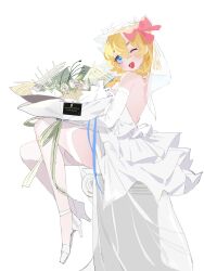 1girl :d absurdres alternate_costume artist_request back blonde_hair blue_eyes blush bouquet bow braid breasts bridal_veil bright_pupils commission cookie_(touhou) dress elbow_gloves english_text fang flower full_body gloves hair_bow high_heels highres holding holding_bouquet invisible_chair kirisame_marisa looking_at_viewer medium_breasts meguru_(cookie) one_eye_closed open_mouth pink_bow rose second-party_source shoes short_hair side_braid simple_background single_braid sitting smile solo thighhighs touhou veil wedding_dress white_dress white_flower white_gloves white_pupils white_rose white_shoes white_thighhighs