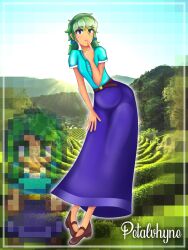 Rule 34 | 1girl, belt, blue shirt, blue sky, brown belt, brown shoes, buttons, caroline (stardew valley), day, green eyes, green hair, highres, nature, pixels, purple skirt, shirt, shoes, short hair, skirt, sky, solo, stardew valley, sun, tea