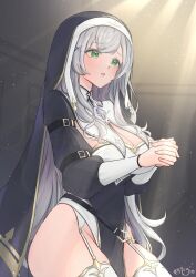 breasts green_eyes grey_hair highres hololive large_breasts leotard long_hair mochitaro_(mothitaroo) no_bra no_panties nun pelvic_curtain shirogane_noel shirogane_noel_(battle_nun) virtual_youtuber
