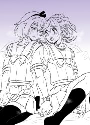 1boy 1girl :o black_socks black_thighhighs blush bow braid braided_ponytail chest_bow chuo_tanegashima_high_school_uniform chuo_tanegashima_high_winter_school_uniform collarbone cropped_shirt crossdressing crossdressing_(mtf) fog hair_between_eyes hair_bow highres holding_hands ikuhashi_muiko kneehighs long_hair looking_at_another midriff_peek miniskirt narrowed_eyes navel nervous_sweating open_mouth parted_lips pleated_skirt ponytail robotics;notes sailor_collar school_uniform senomiya_akiho serafuku shirt short_hair short_sleeves skirt socks sweat teeth thick_thighs thighhighs thighs tongue upper_teeth_only watch white_shirt wristwatch yashio_kaito zettai_ryouiki