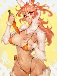 1girl 2023 animal_ears bandaid bandaid_on_face bikini carrot chinese_zodiac dagger fluff fumio_(rsqkr) furry furry_female happy_new_year highres holding holding_dagger holding_knife holding_weapon knife long_hair navel new_year orange_bikini original rabbit_ears rabbit_girl rabbit_tail red_eyes reverse_grip sheath swimsuit tail weapon white_fur yellow_background