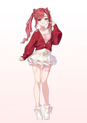 Rule 34 | 1girl, absurdres, blue eyes, blush, boots, bow-shaped hair, breasts, brown background, collarbone, commentary, ginopi, gradient background, highres, jacket, layered skirt, long hair, long sleeves, looking at viewer, medium breasts, nijisanji, off shoulder, parted bangs, pleated skirt, puffy long sleeves, puffy sleeves, red hair, red jacket, saotome berry, skirt, smile, solo, thick eyebrows, twintails, very long hair, virtual youtuber, white background, white boots, white skirt