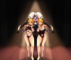 3girls barefoot black_hair blowing_kiss defeat embarrassed goth_fashion highres humiliation jobber kinniku_buster multiple_girls navel red_hair siblings stage_lights thighhighs twins wrestling