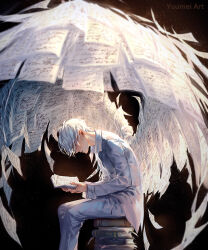 1boy artist_name book book_stack closed_mouth collared_shirt commentary english_commentary feet_out_of_frame formal_clothes from_side grey_eyes hair_between_eyes highres holding holding_book jacket male_focus open_book original pants paper profile reading shirt short_hair sitting solo suit white_hair white_jacket white_pants white_shirt white_wings wings yuumei
