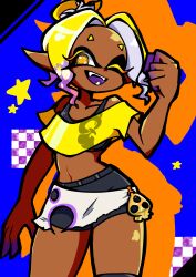 blonde_hair colored_extremities colored_eyelashes cropped_shirt dark-skinned_female dark_skin fangs frye_(splatoon) frye_(splatoon_raiders) gradient_hair kagayaki1379 multicolored_hair nintendo open_mouth short_shorts shorts splatoon_(series) splatoon_raiders sports_bra yellow_eyes