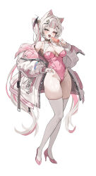1girl absurdres animal_ears arched_bangs blush bow bowtie breasts cat_ears cat_girl cleavage commentary covered_navel earrings fang food full_body groin hair_ornament hairclip hand_on_own_hip heart heart_hair_ornament heterochromia high_heels highres holding holding_food holding_popsicle hood hoodie jewelry large_breasts leotard lock lock_earrings long_hair long_sleeves looking_at_viewer mole mole_under_eye multicolored_hair open_clothes open_hoodie open_mouth original pink_bow pink_bowtie pink_eyes pink_hair pink_hoodie pink_leotard pink_shoes popsicle shiny_skin shoes simple_background skin_fang skull_collar smile solo streaked_hair thighhighs thighs twintails two-tone_hair very_long_hair white_background white_hair white_hoodie white_thighhighs wing_hair_ornament zutsuyaku