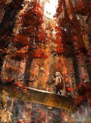 1girl :o absurdres arm_at_side autumn_leaves black_pants blue_scarf boots branch briefcase brown_boots bug butterfly coat day elf falling_leaves floating_hair forest frieren hand_up highres holding holding_briefcase insect leaf log long_hair long_sleeves mantian_xingchen_39 maple_leaf nature orange_theme outdoors pants parted_lips pointy_ears scarf scenery sky solo sousou_no_frieren steam tree turning_head twintails walking white_coat white_hair white_sky wide_shot wide_sleeves yellow_eyes