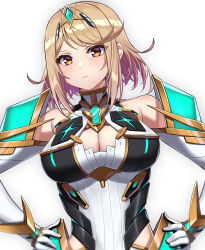 1girl alternate_hair_length alternate_hairstyle armor black_gloves blonde_hair breasts chest_jewel cleavage cleavage_cutout closed_mouth clothing_cutout commentary_request dress elbow_gloves flipped_bangs gloves hands_on_own_hips highres large_breasts light_frown looking_at_viewer mythra_(xenoblade) shinae short_dress short_hair simple_background solo swept_bangs tiara two-tone_gloves white_dress white_gloves xenoblade_chronicles_(series) xenoblade_chronicles_2 yellow_eyes