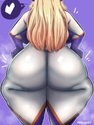 Rule 34 | 1girl, artist name, ass, ass focus, blonde hair, bodysuit, boku no hero academia, hands on own hips, highres, huge ass, long hair, mount lady, multicolored bodysuit, pentakky-sugoi, purple background, solo, steam, steaming body, superhero costume, thick thighs, thighs, wide hips